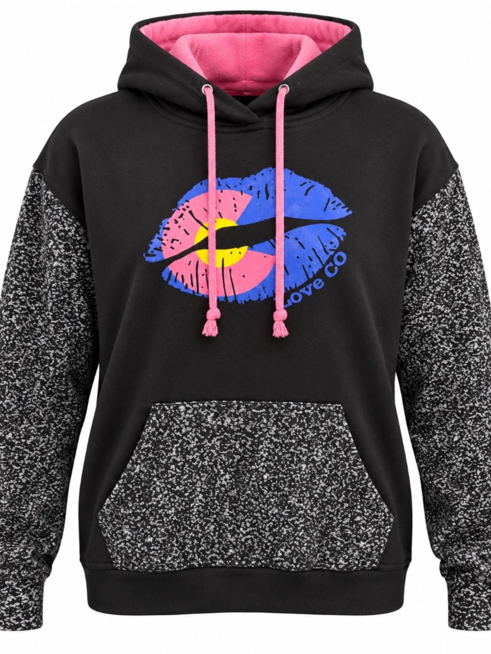 Black Graphic Pullover Hoodie Pink Blue Lips Love Co Speckled Sleeves Women's